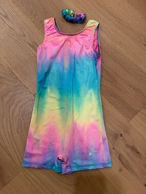 Kids Rainbow Gradient Gymnastics Leotard with Scrunchie - Multicolor